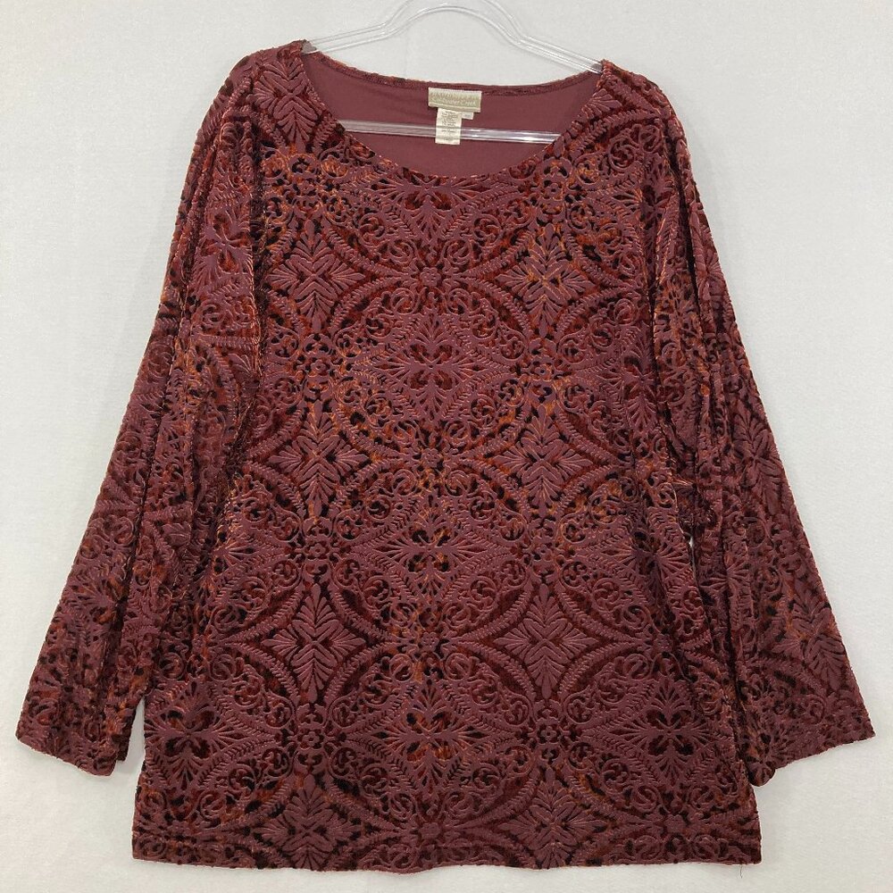 Coldwater Creek size 1X Burgundy Abstract Velvet Burnt-out Stretch Relax Top